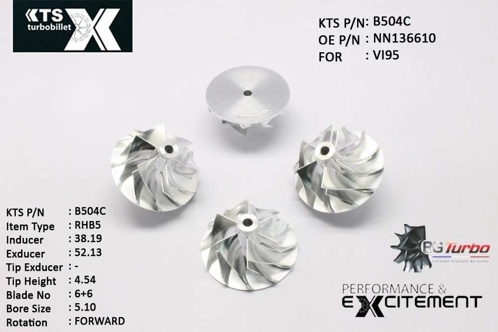 Turbo ROUE FORGÉE MFS PERFORMANCE - 6+6 PALES - INDUCER : 38,19 - EXDUCER : 52,128 - TYPE : RHB5ANGLE : 60° - ROTATION : Forward - SUPER BACK : 0 - BORE SIZE : 5,1
